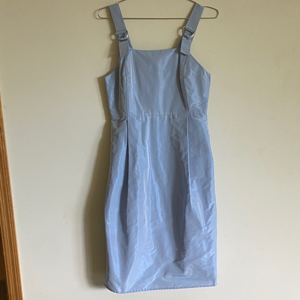 Light Blue Pinafore Midi Dress with Buckle Straps. L:42 B:15